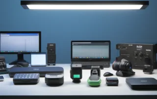 an array of advanced monitoring devices designed for occupational health are neatly laid out on a table.