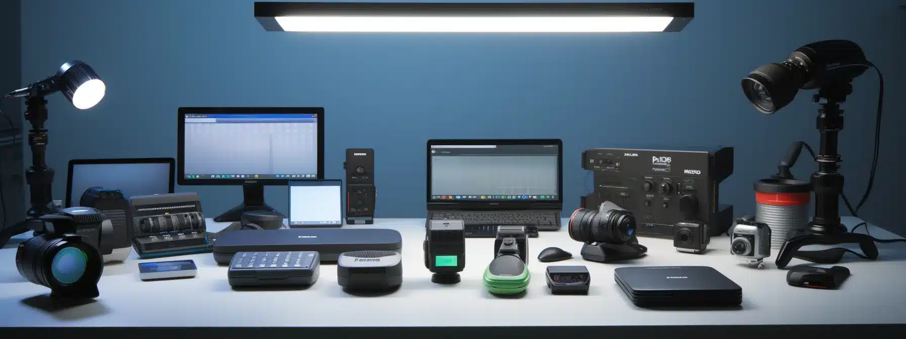 An Array Of Advanced Monitoring Devices Designed For Occupational Health Are Neatly Laid Out On A Table.