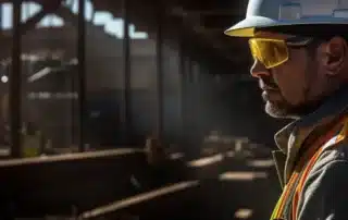 a worker wearing necessary ppe, including safety glasses and a hard hat, while operating machinery in a construction site.
