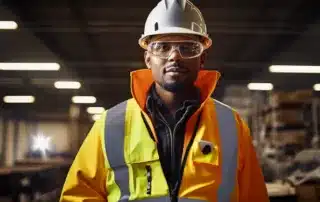 a person wearing various ppe items, such as a hard hat, safety goggles, and a high visibility vest, standing in a workplace setting.