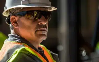 a construction worker wearing a hard hat, safety goggles, and a high-visibility vest while operating heavy machinery.