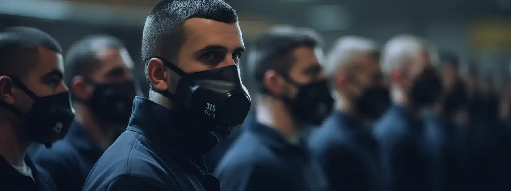 workers wearing protective masks and attending a training seminar in a manufacturing plant.