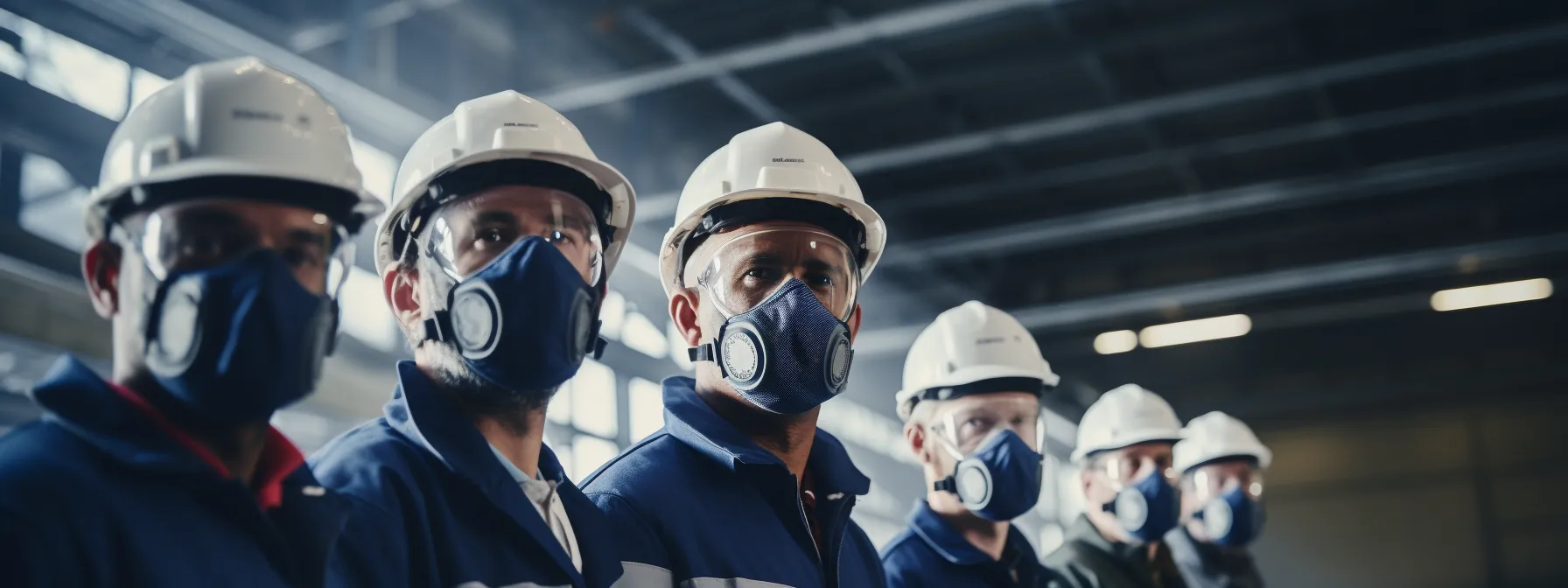 A Group Of Workers Wearing Respiratory Masks And Standing In Front Of Safety Posters.
