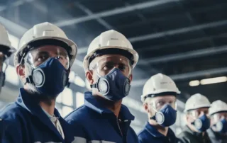 A Group Of Workers Wearing Respiratory Masks And Standing In Front Of Safety Posters.