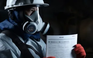 A Person Wearing A Niosh-Approved Respirator Holding A Caohc Certification Guide.