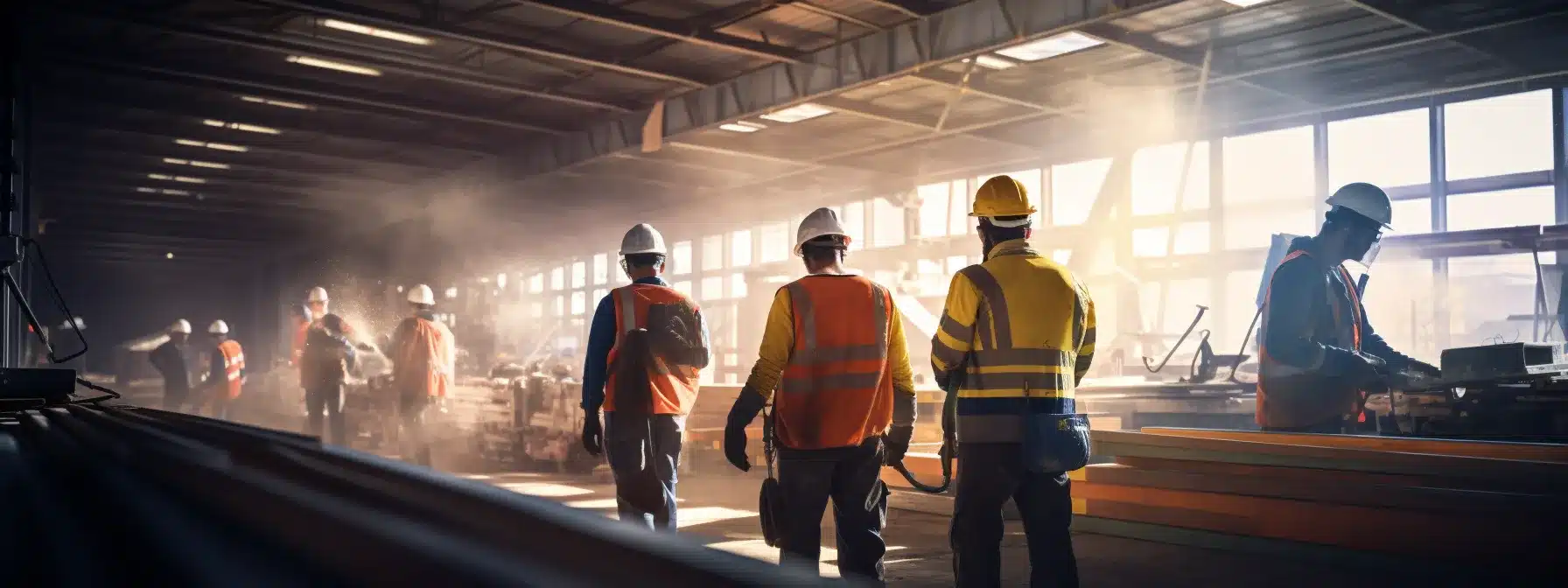 a group of workers wearing appropriate facepieces and ppe while working in an industrial setting.