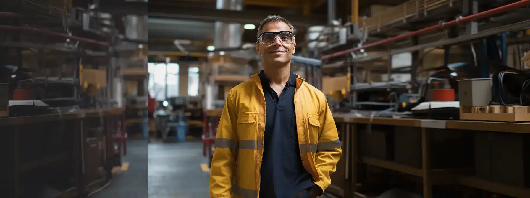 an employee without proper safety gear is exposed to harmful contaminants and excessive noise levels in an industrial workspace.