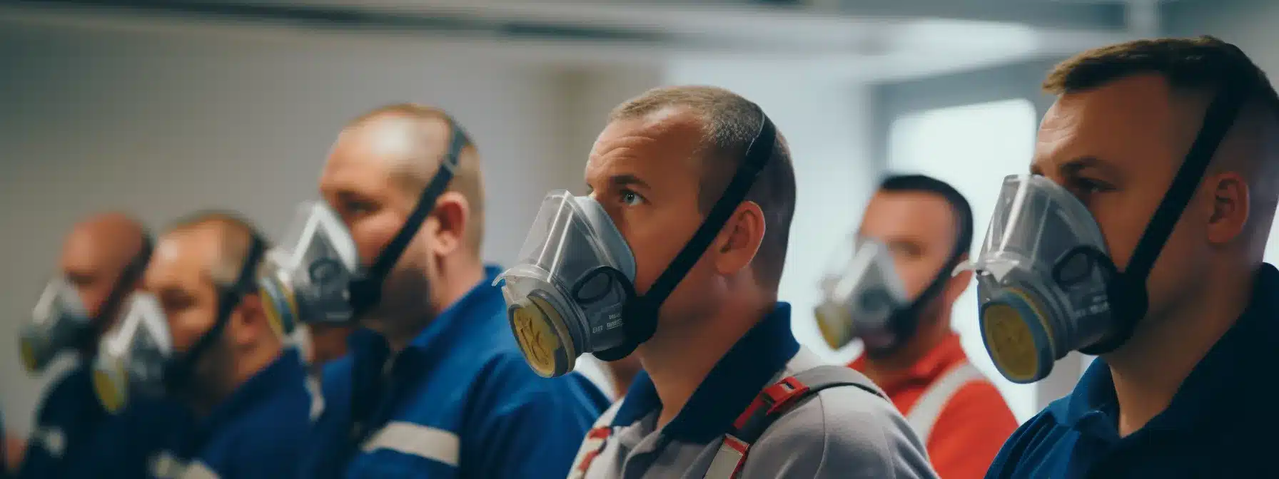 a group of employees wearing respirators and facepieces gather in a training room, listening intently to an instructor.