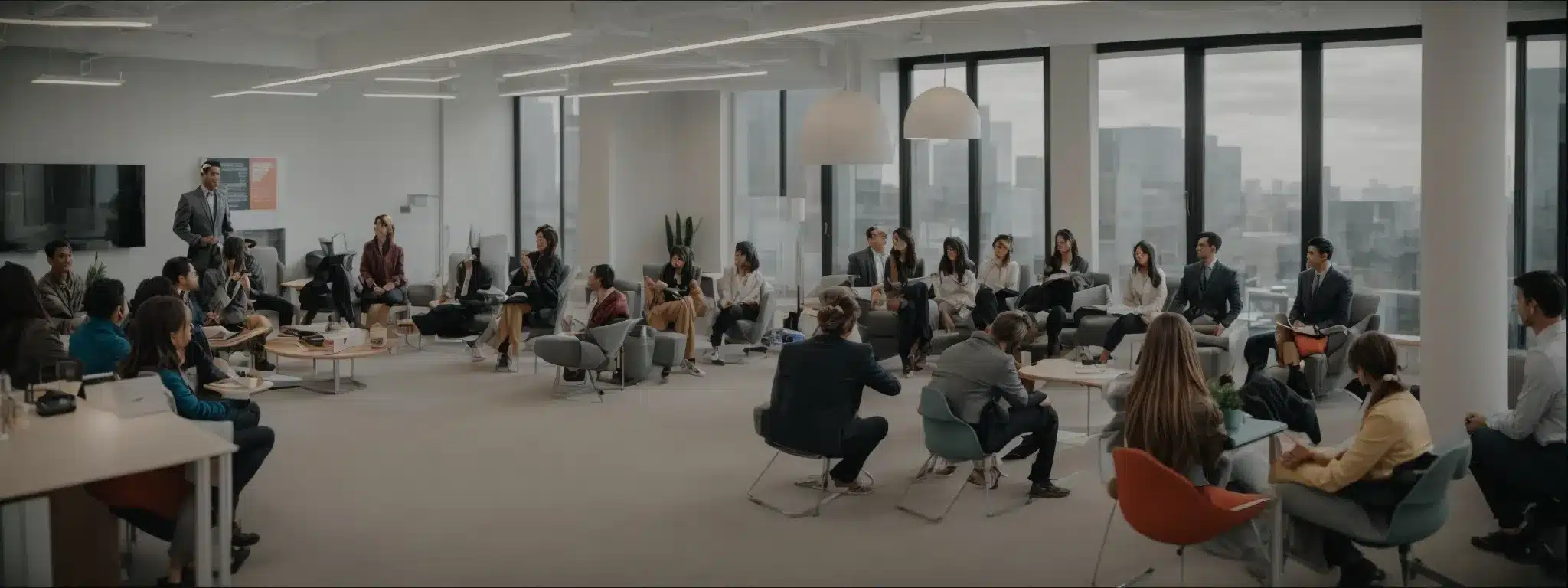 a group of employees engaging in a wellness workshop in a bright, modern office space.