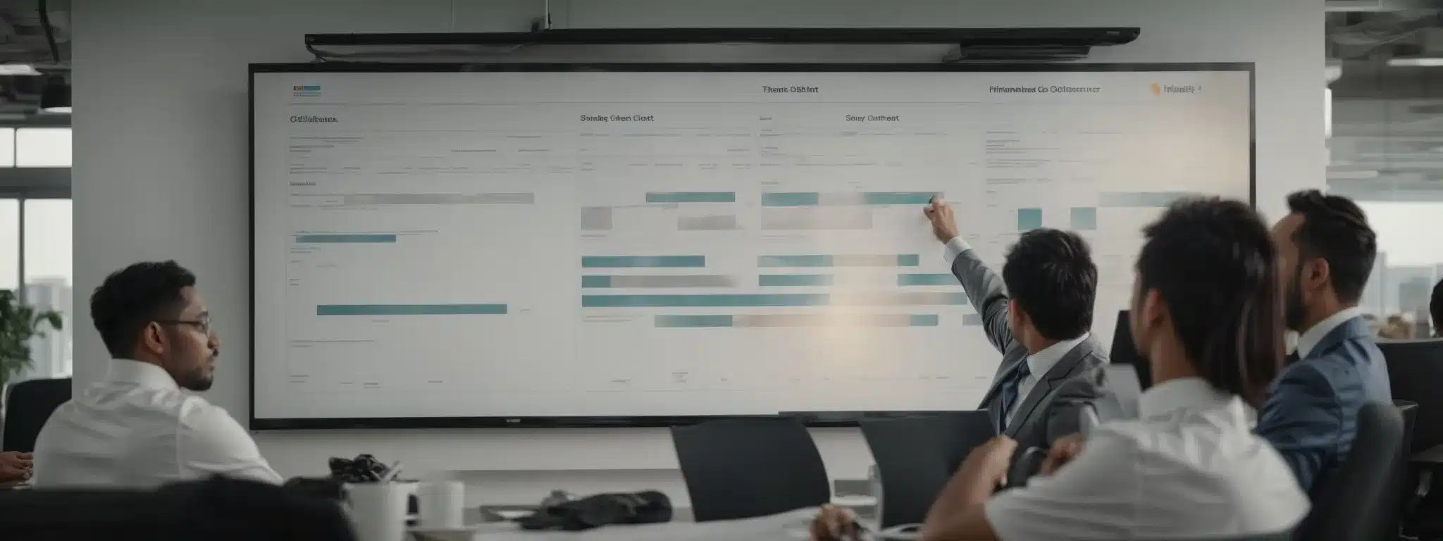 an employee points at a safety compliance chart during a team meeting in a modern office.