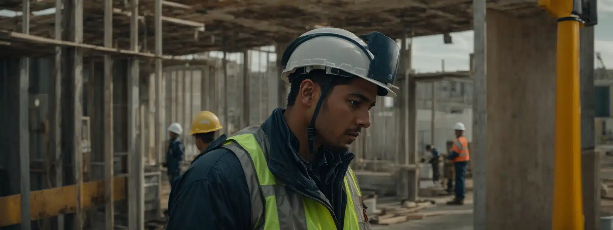 a construction site with workers using wearable devices and an advanced digital kiosk for safety checks.
