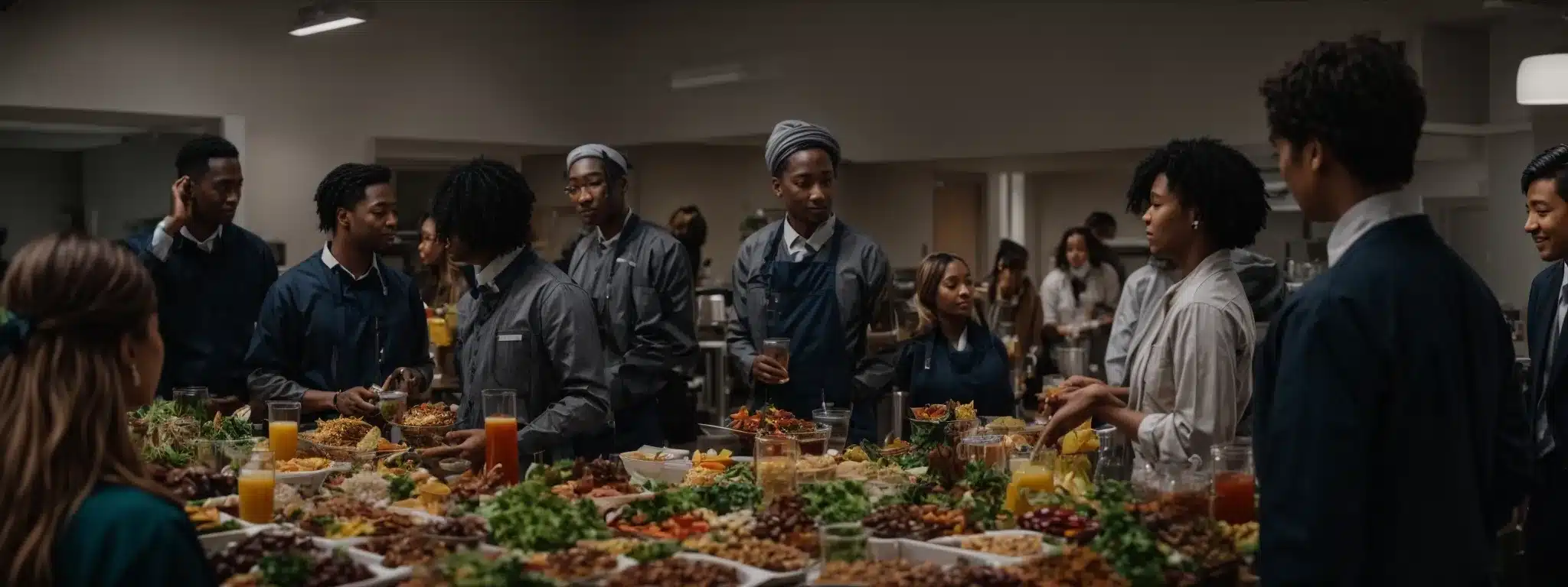a diverse group of employees gathering around a table featuring a variety of healthy food options.