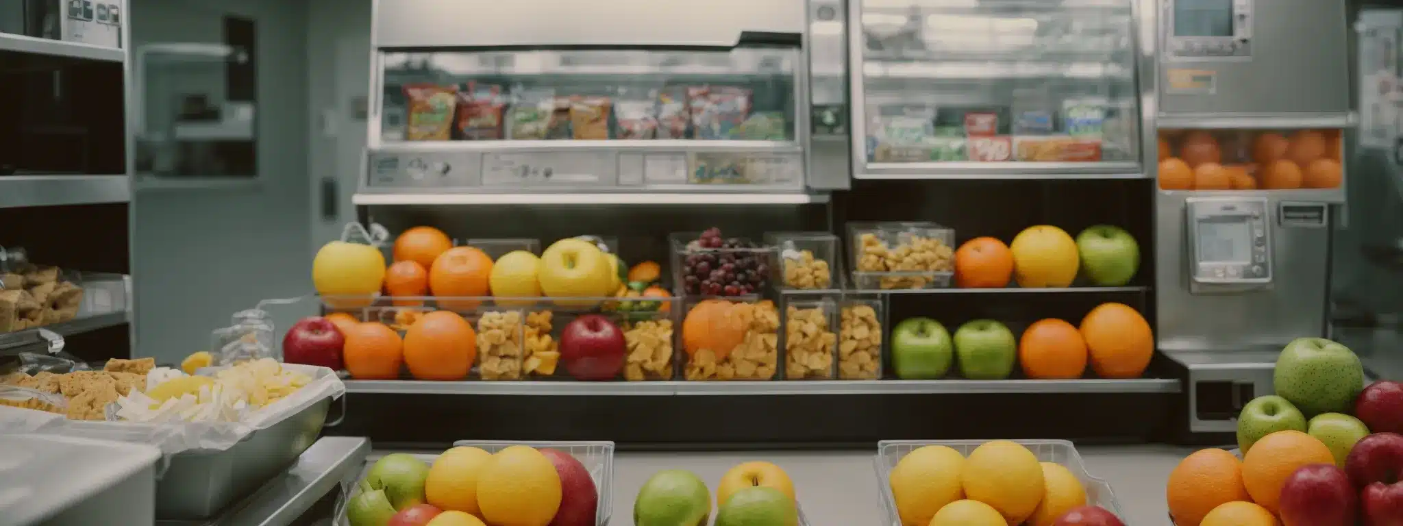a break room with a fresh fruit basket and a vending machine stocked with healthy snacks.