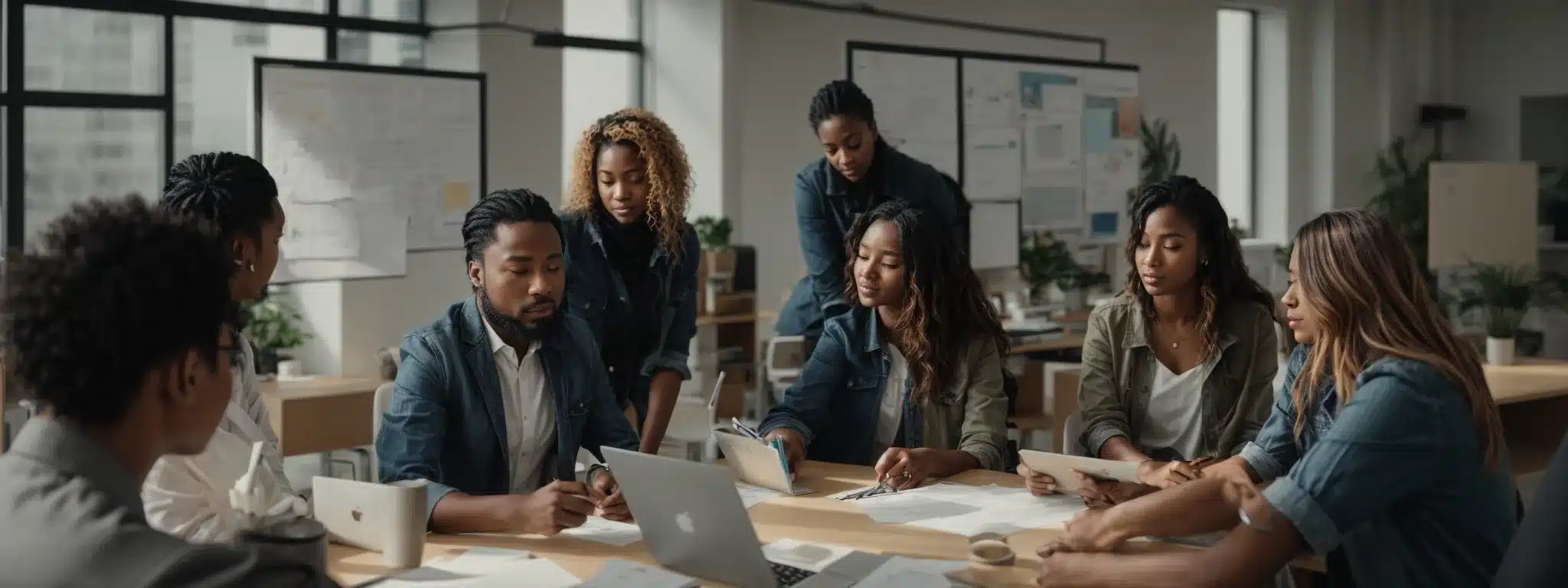 a diverse team engaging in a collaborative brainstorming session in a bright, modern office space.