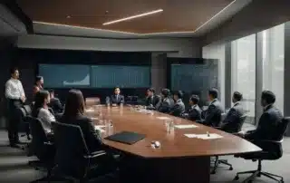 a boardroom with professionals discussing around a table, with a digital screen displaying health statistics.