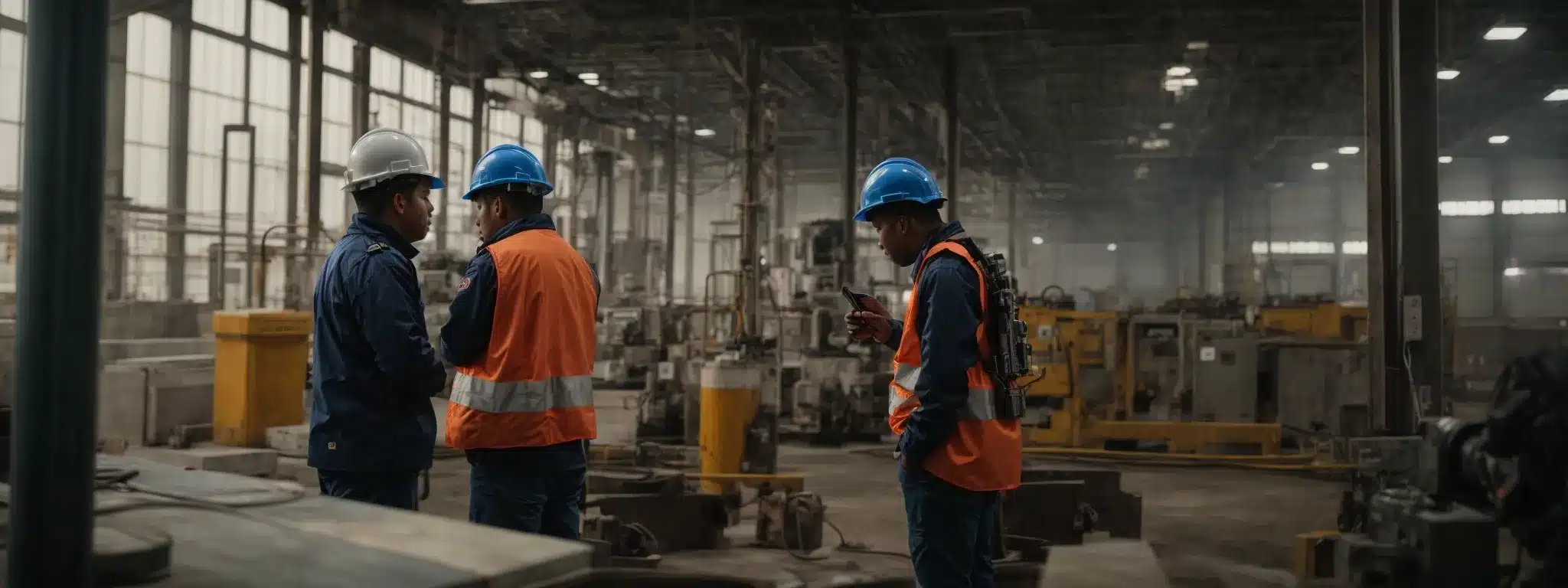 a safety officer discusses a chart with workers on proper equipment usage to prevent occupational hazards.