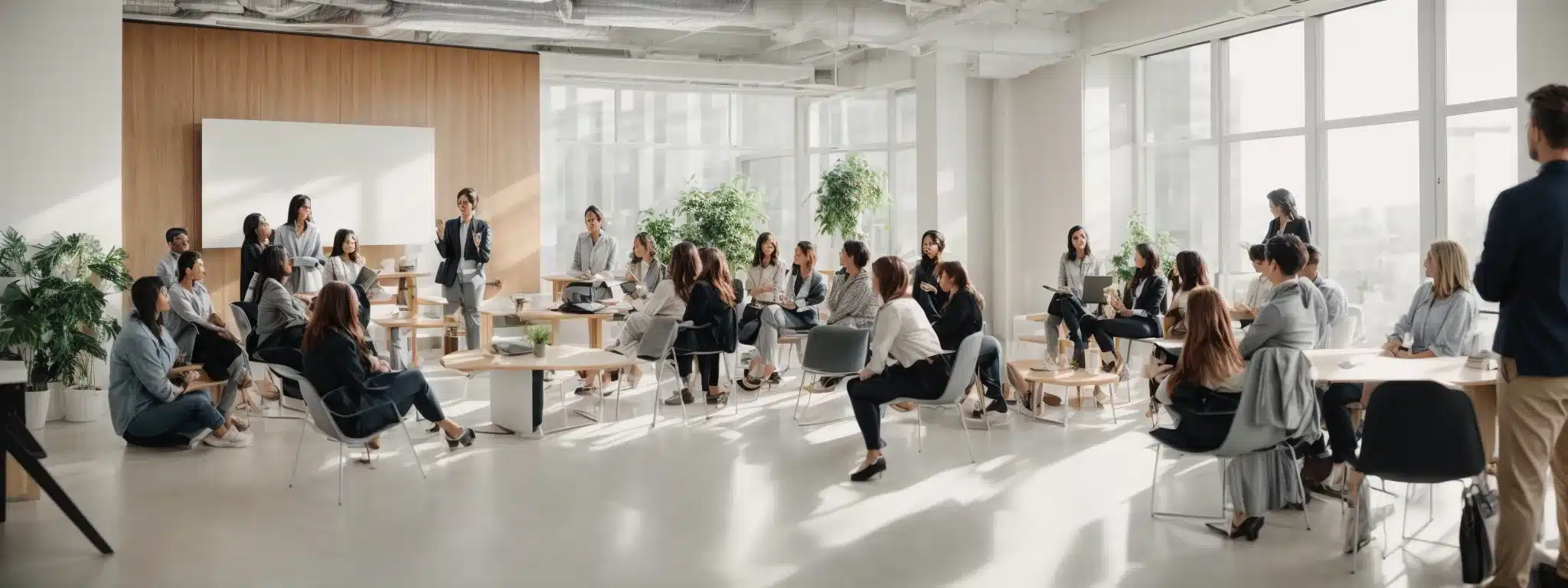 a group of employees gather in a bright modern office space for a wellness workshop led by an occupational health professional.