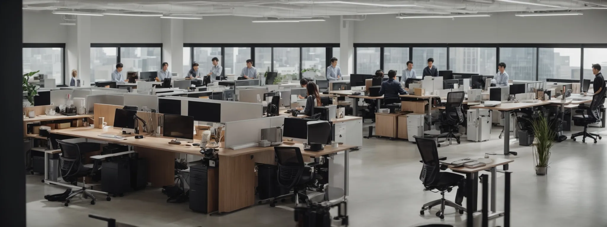an open office space with employees using adjustable standing desks and ergonomic chairs arranged neatly in a well-lit room.
