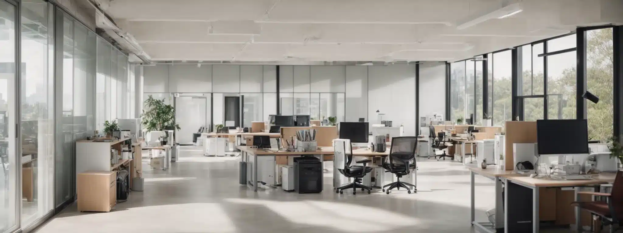 a spacious, well-lit office with ergonomic furniture and clear walkways, featuring prominently displayed safety signage and a first aid station.