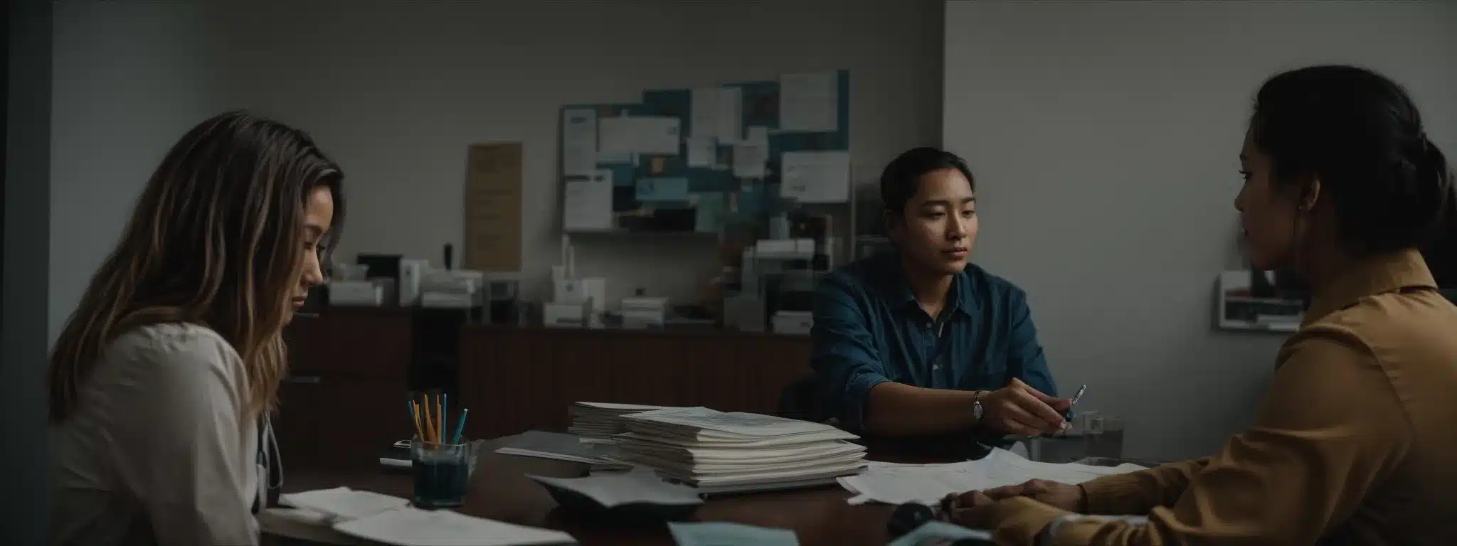 a concerned worker sits across from a human resources professional in a serene office, discussing medical leave paperwork.