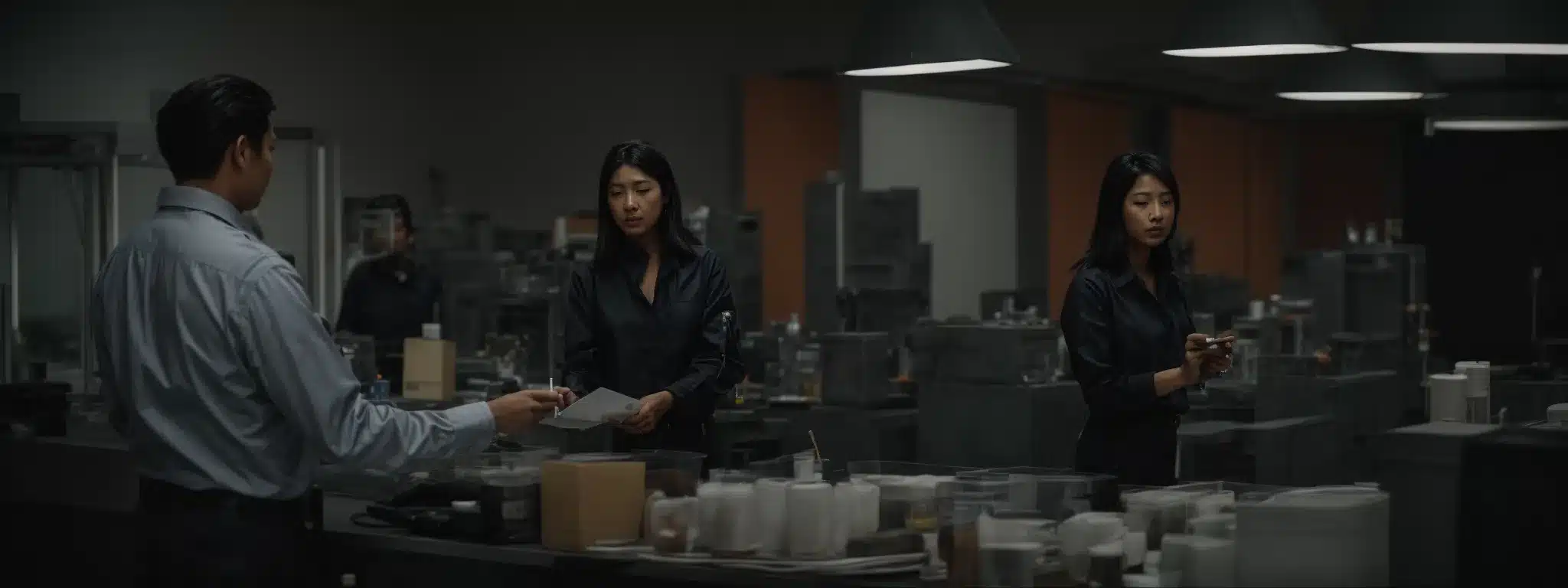 industrial professionals discuss over a non-toxic material sample in a well-ventilated room.