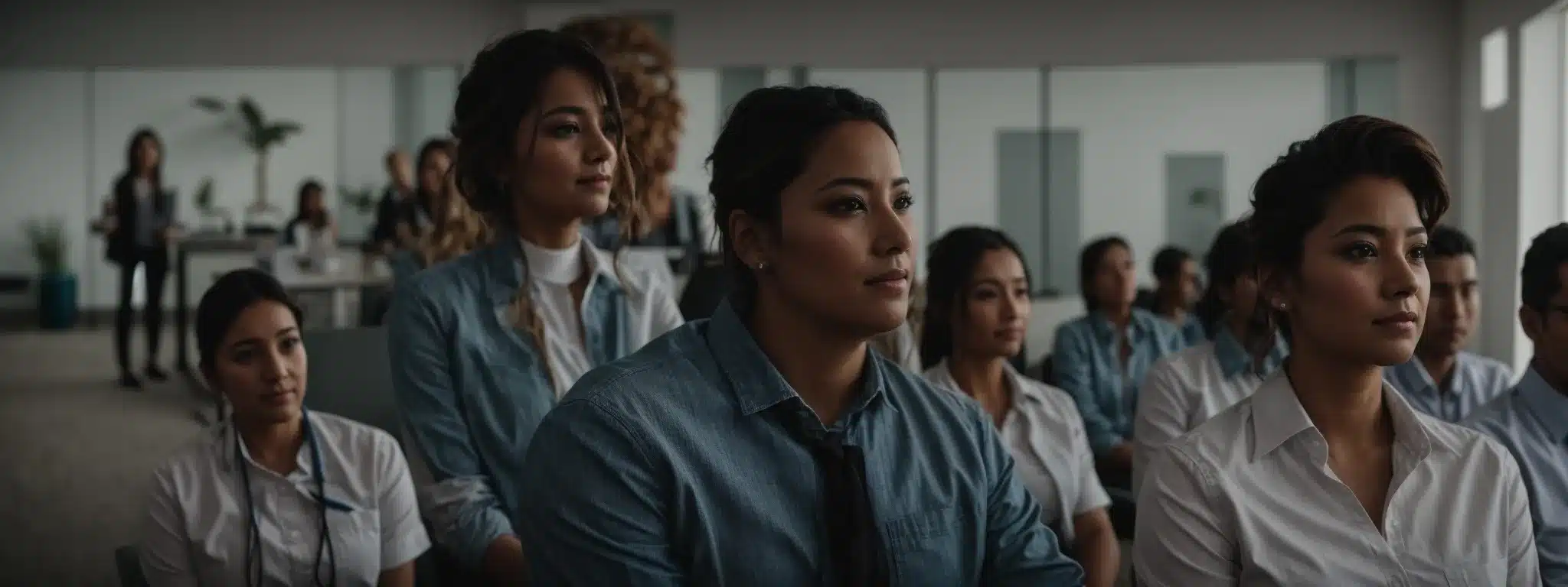 a group of employees attending a wellness seminar in a bright conference room.