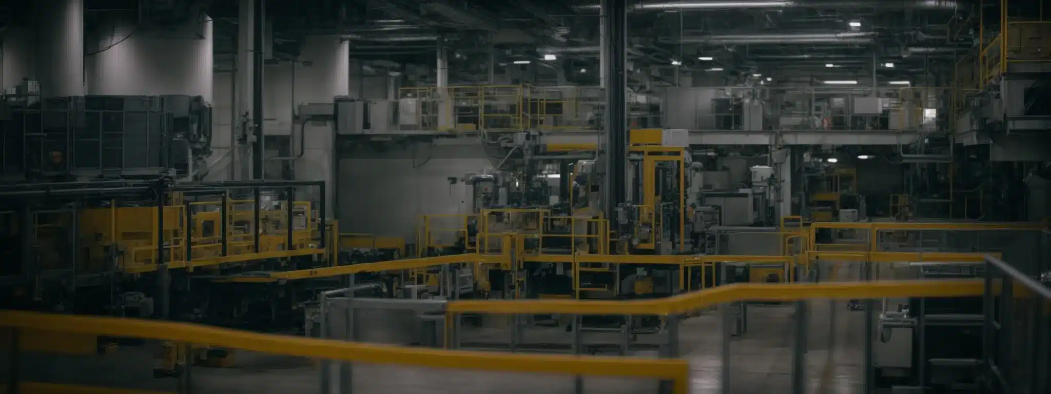 a factory floor with automated machinery enclosed by safety barriers and ventilation systems.