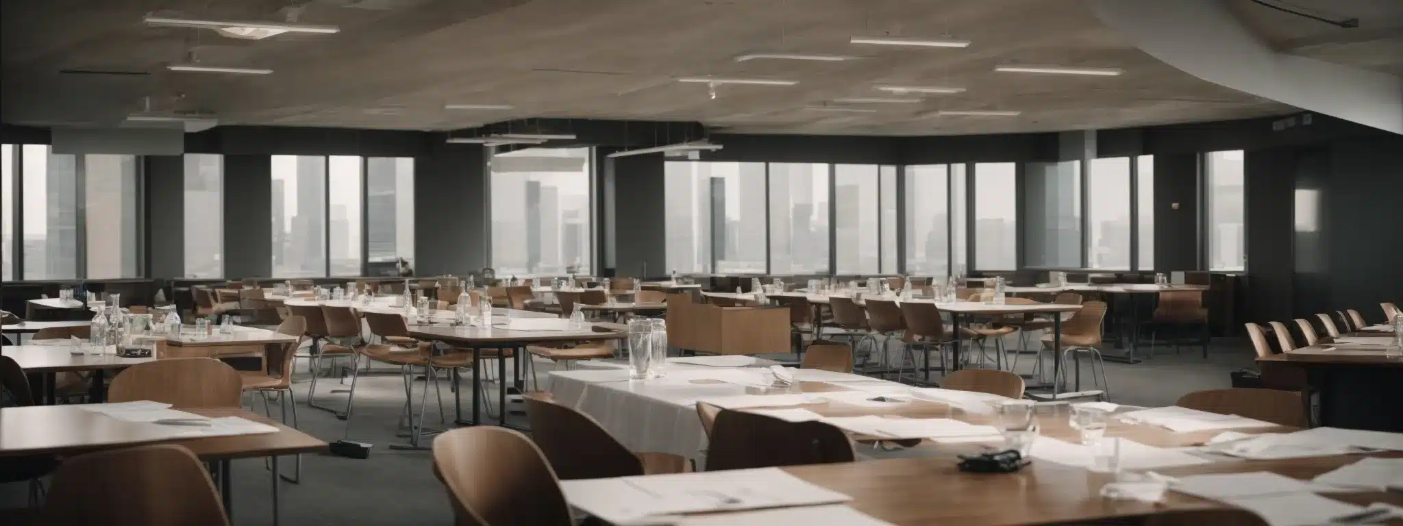 a corporate meeting room sits empty during a lunch break, with scattered papers and coffee cups hinting at an intense morning of work.