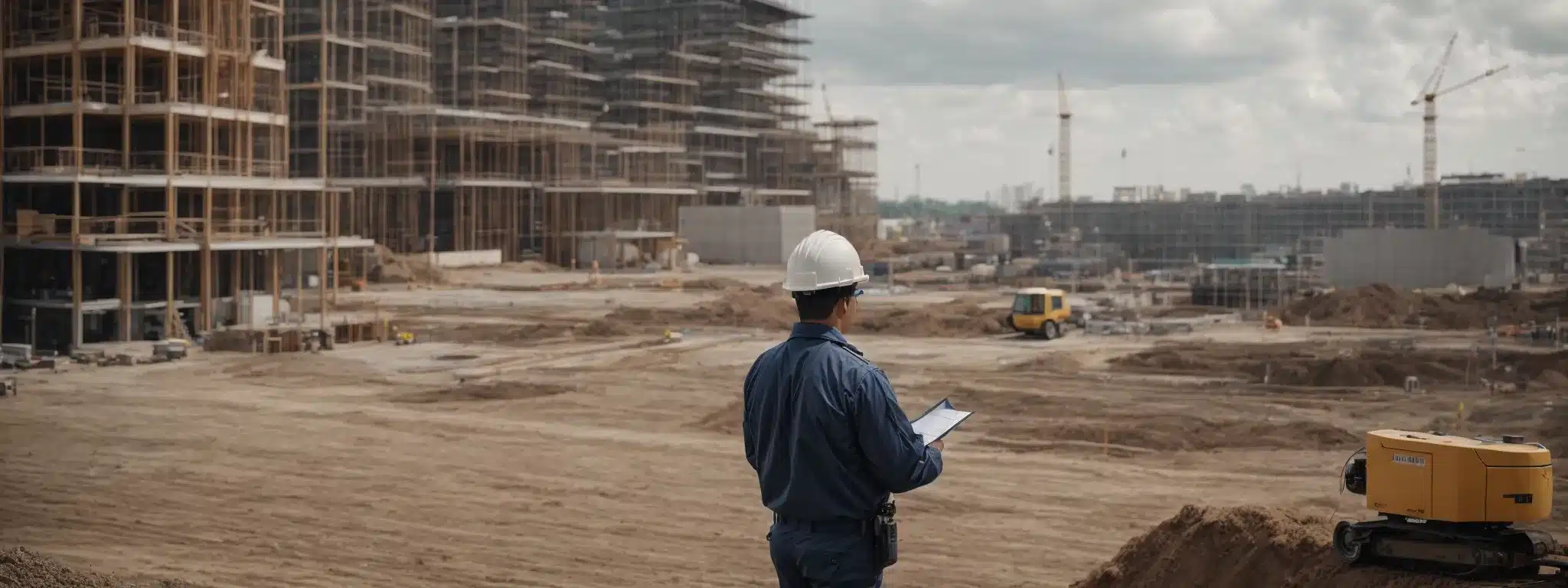 a safety inspector with a clipboard surveys a construction site from a distance.