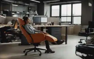 A Worker Reclining In An Ergonomic Office Chair, Taking A Deep Breath With Eyes Closed Amidst A Serene And Organized Workspace.