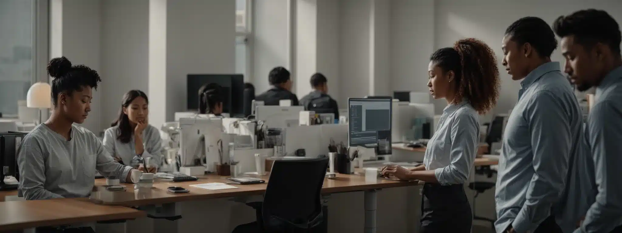 an ergonomist adjusts a sit-stand desk to suit the posture of a diverse group of office workers.