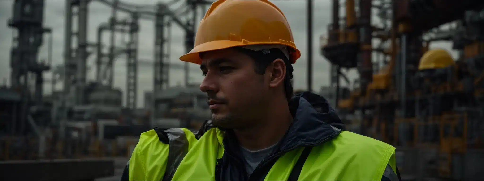 a worker in a reflective vest and hard hat stands before an industrial backdrop, holding a safety helmet under their arm.