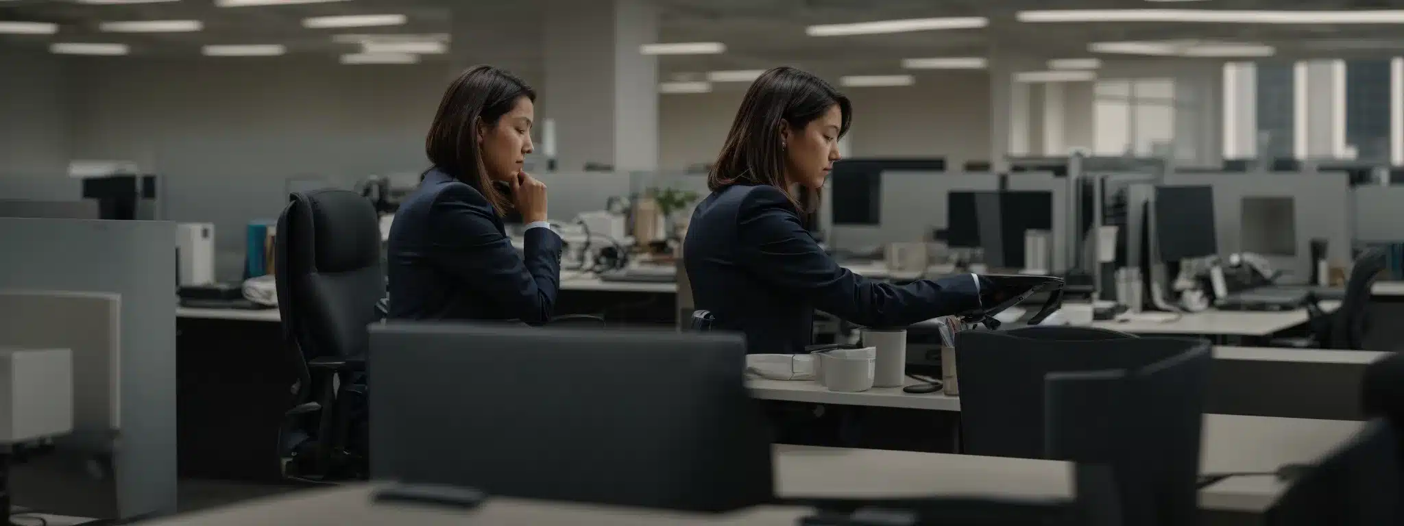 an office worker adjusts a modern, ergonomic chair in a well-lit, spacious office environment.