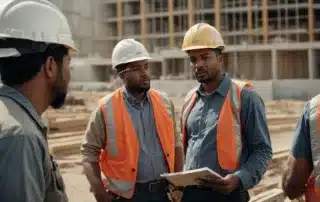 A Construction Supervisor Wearing A Hard Hat Is Discussing Safety Procedures With Workers At A Job Site.