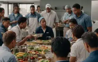 a group of workers gathers around a healthy lunch table during a workplace wellness seminar.