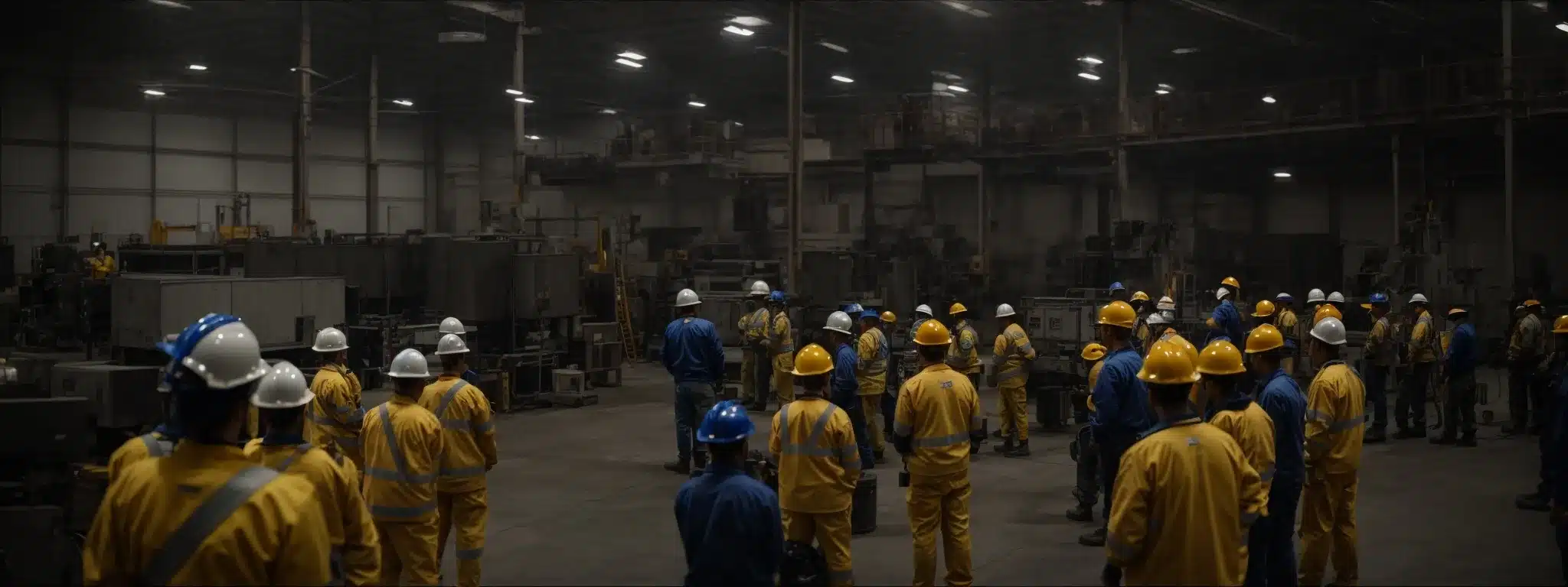 a group of workers gather for a safety training session in a spacious, well-lit industrial environment.
