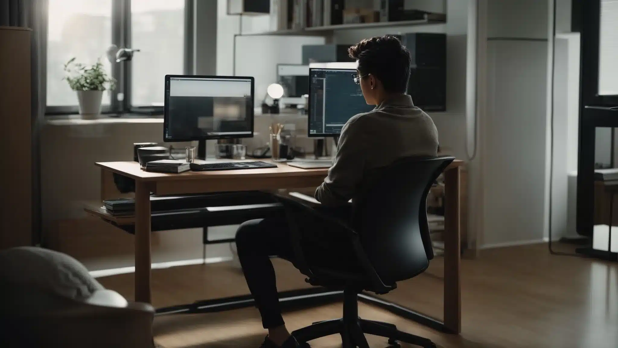 A Person Sits At A Spacious Desk With A Computer Monitor At Eye Level, A Supportive Chair, And Ample Room For Movement.