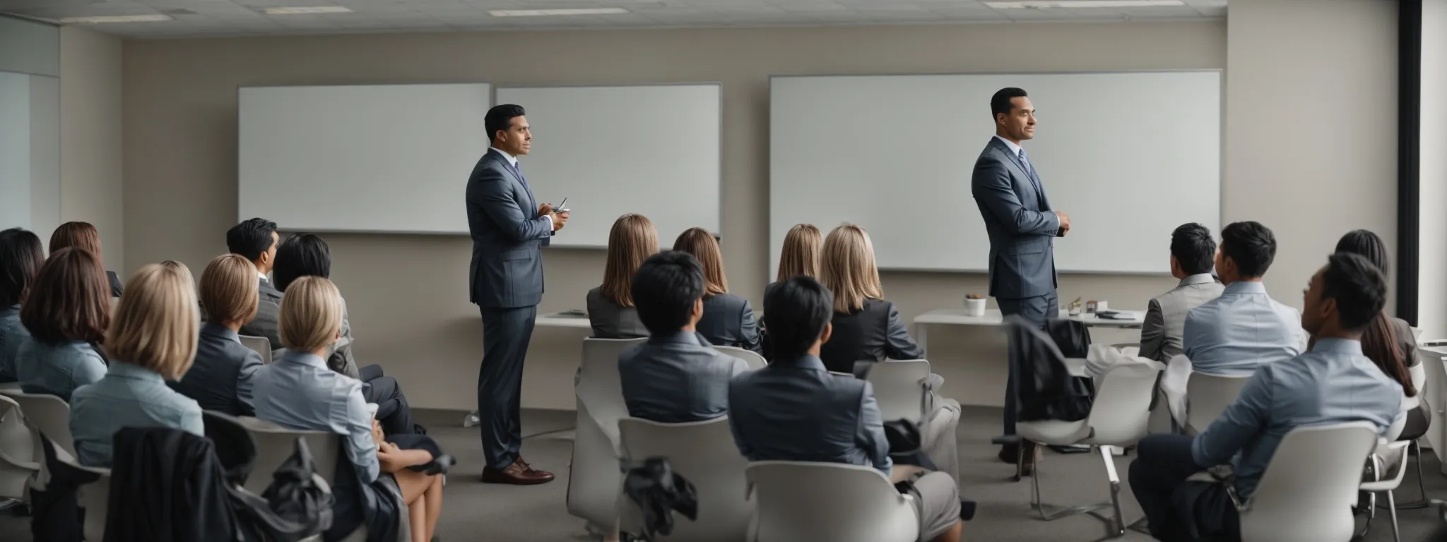 a corporate wellness seminar with an occupational health expert presenting to attentive employees in a spacious conference room.