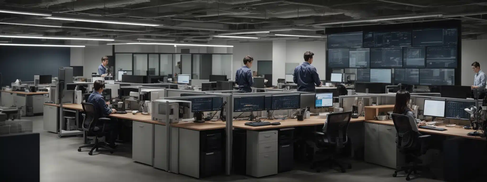an office with workers wearing posture-tracking wearables while interacting with ergonomic workstations equipped with monitoring software.