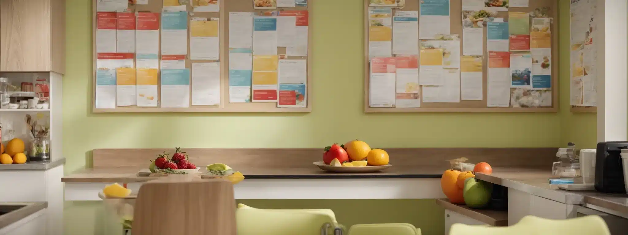 a company's break room with a bulletin board featuring colorful brochures about healthy eating and a bowl of fresh fruit on the table.