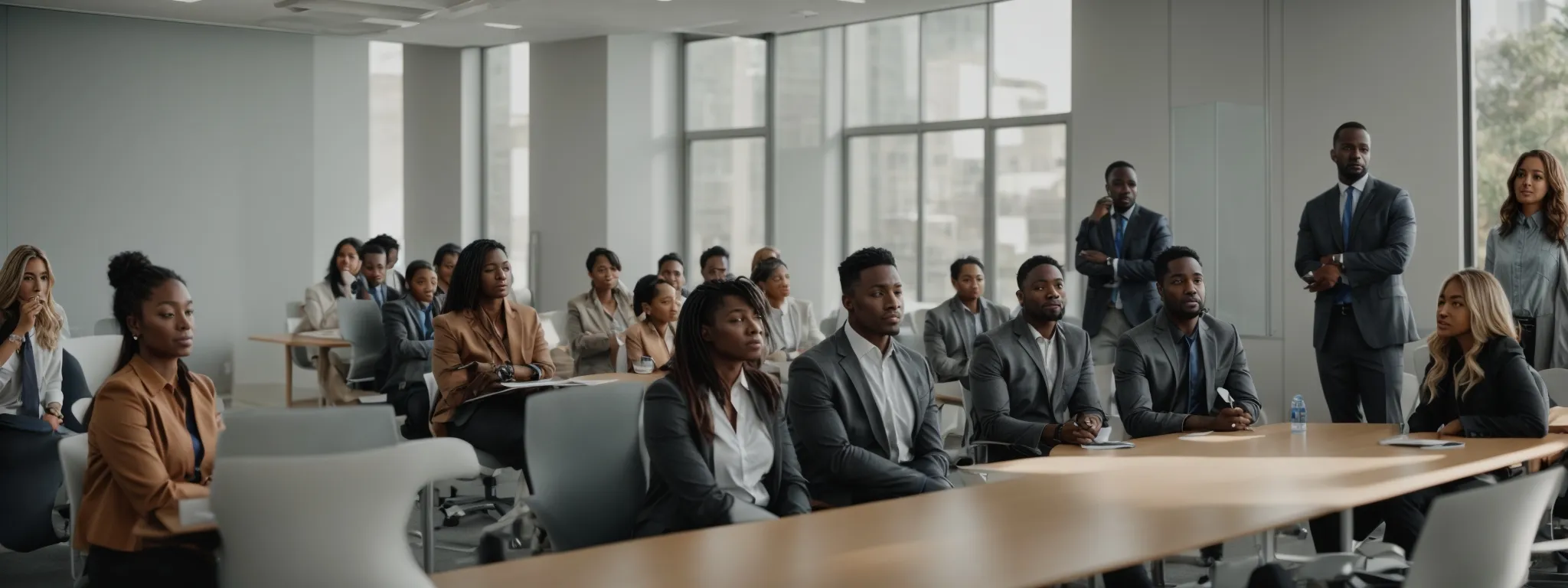 a group of diverse employees gathers attentively in a bright, modern conference room for a mental health workshop.