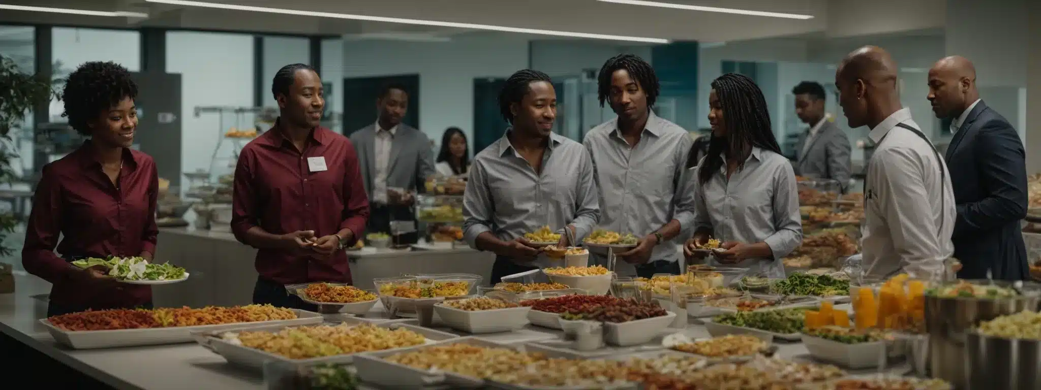 a diverse group of employees gathers around a healthy buffet in a bright office break room, discussing and selecting various nutritious options.