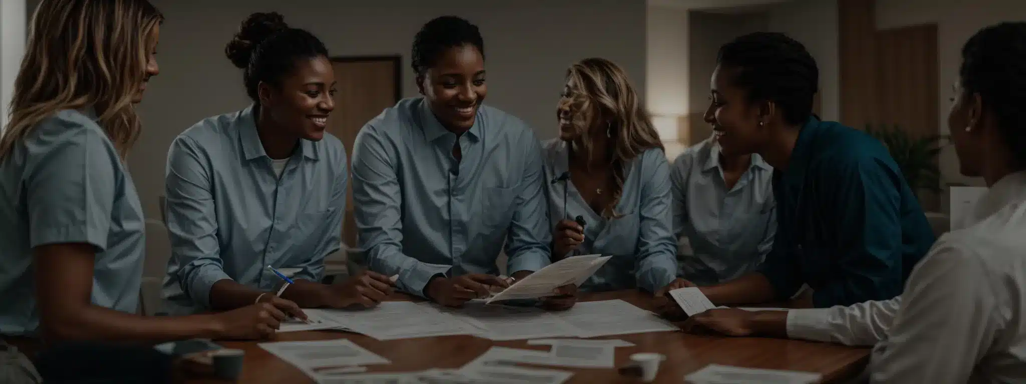 a group of smiling professionals huddle around a conference table with wellness pamphlets while a healthcare coach discusses strategies that boost both health and morale.