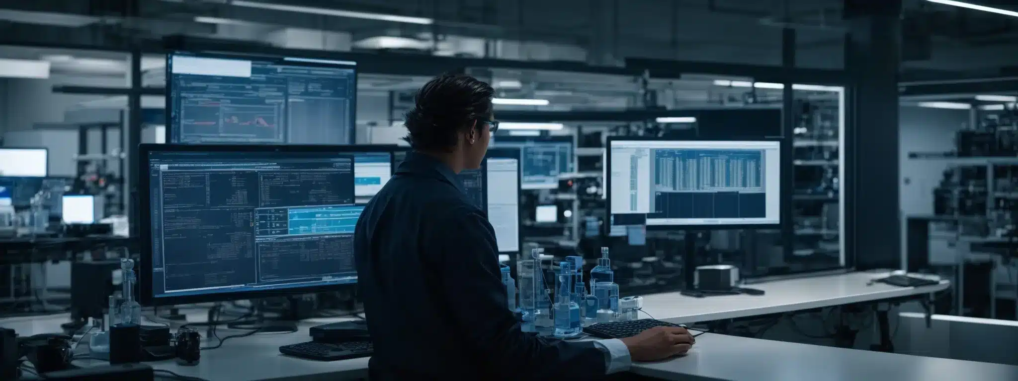 a scientist in a modern laboratory analyzes health data on multiple computer screens, signifying emerging trends in occupational health technology.