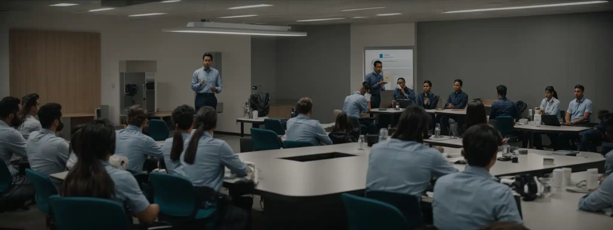 a group of workers attentively participating in a safety training session in a conference room.