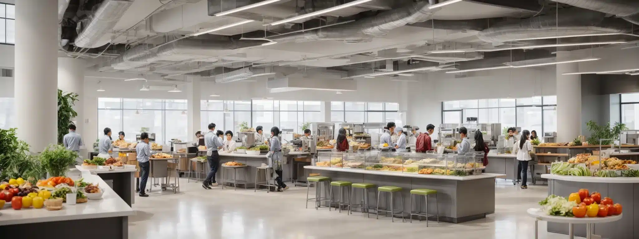 a modern office cafeteria offering a variety of healthy food options with employees selecting meals and interacting in a bright, open-plan space.
