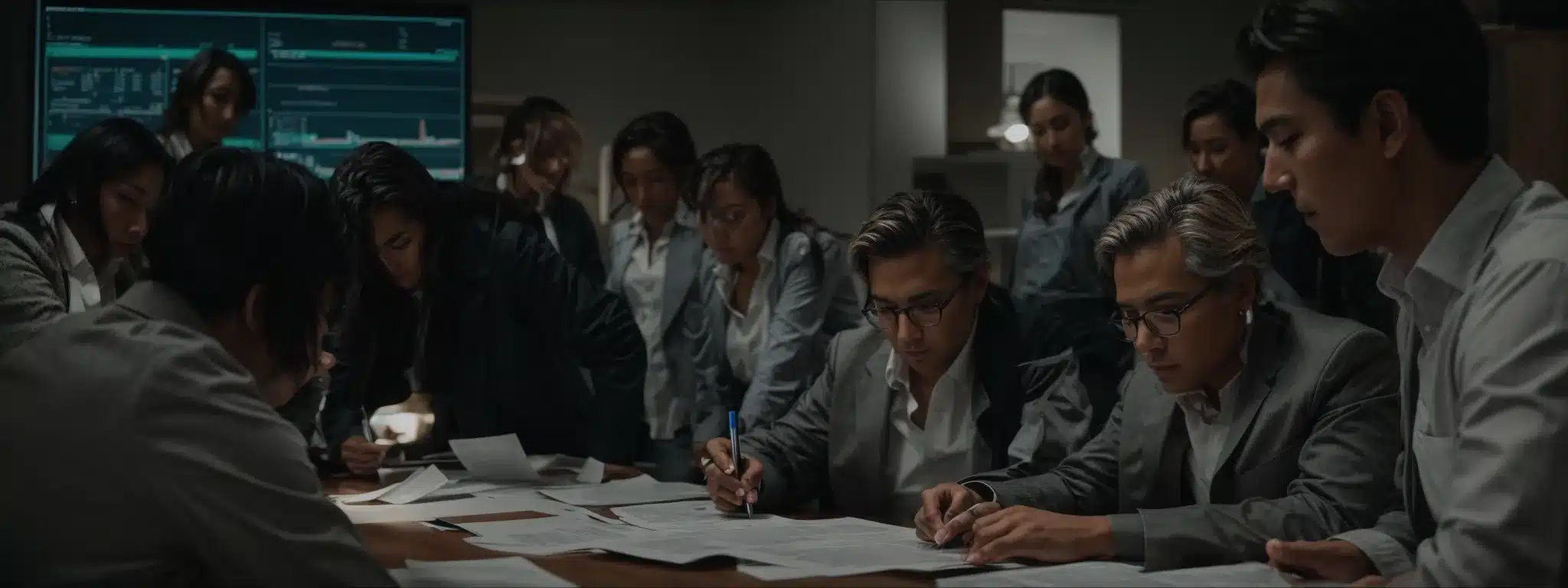 a group of professionals gathered around a table, reviewing and discussing documents and digital analytics on a large monitor.