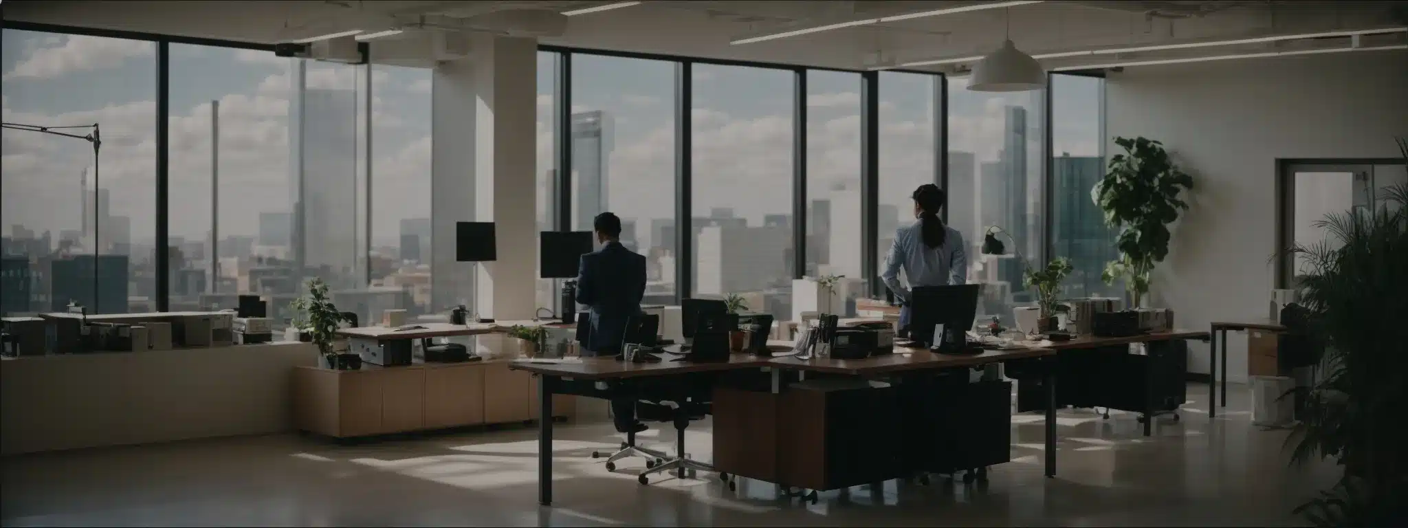 an employee adjusts a sit-stand desk in a well-lit, modern office space.