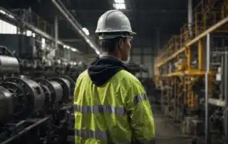 an industrial safety inspector wearing a hard hat and reflective vest examines machinery in a well-organized factory setting.