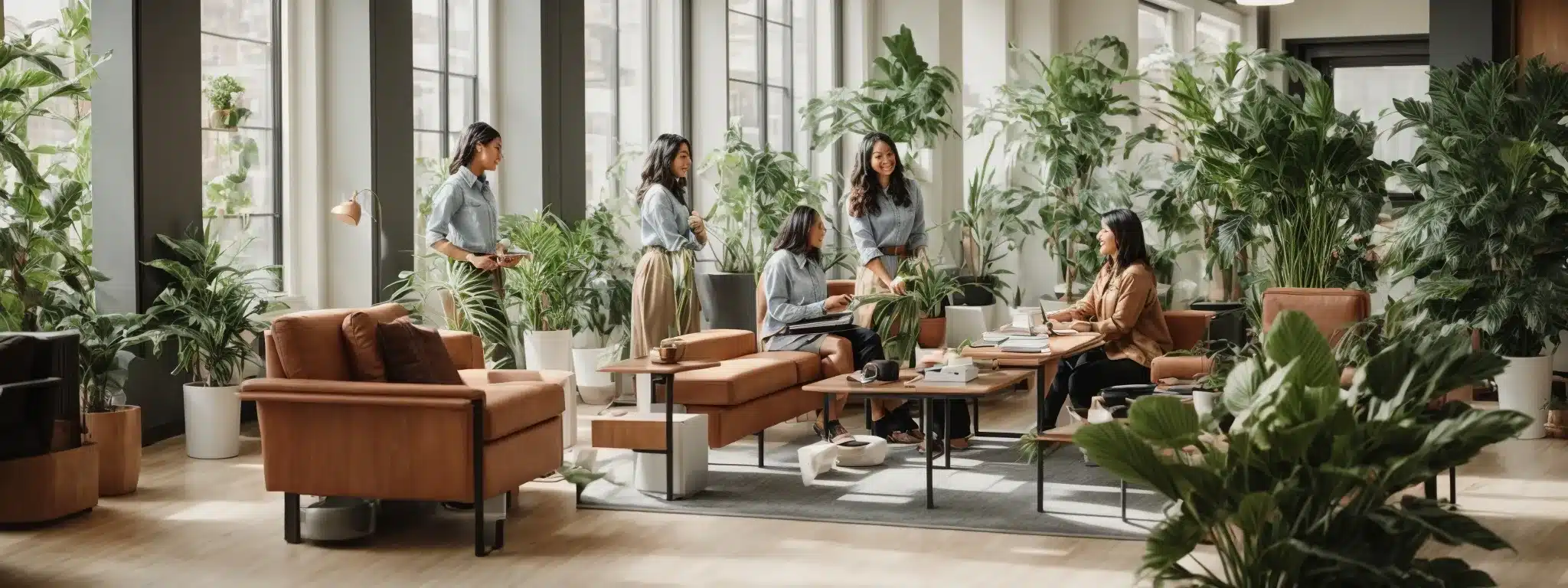 a supportive team welcomes a colleague back to a warm, well-lit open office space with various comfortable seating options and plants.